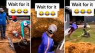 Co-workers prank unsuspecting man with fake snake as he climbs down ladder into deep hole in funny video