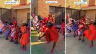 Male friends wearing makoti overalls perform fire amapiano challenge, vibey video gets SA hyped