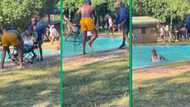 Man holds onto chair for dear life as friends throw him in swimming pool in hilarious TikTok video