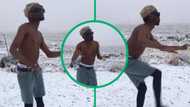 Shirtless man dancing in the snow in leaves Mzansi in stitches: "This is why it takes years to snow is SA"