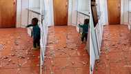 Toddler keeps busy by taking out countless spoons from kitchen cabinets