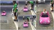 Baby drives her toy car into filling station, pays attendant to buy fuel, lady pretends to sell in viral video