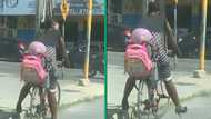 Mother in heels rides bicycle with daughter in carrier, TikTok video of them in traffic has viewers inspired