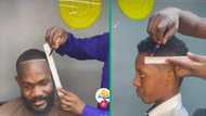 Skilled haircutter draws maps on men’s heads with wigs