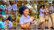 Husband goes to university for cute photoshoot with young student wife as they welcome baby