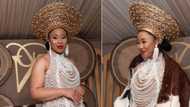 Mzansi bride wears striking wedding dress with Zulu elements, TikTok video of intricate beadwork and cow skin has SA in awe