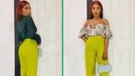 Gorgeous young woman shows ladies how to dress up R270 Mr Price trousers