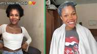 Woman ends toxic afro journey in TikTok video, SA amazed as woman relaxes hair by herself