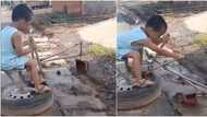 Reactions as creative kid operates manual excavator, packs dirt from gutter