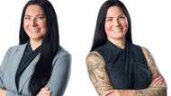 Fearless accountant proudly shows off numerous tattoos while posing for company photos