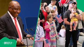 President Cyril Ramaphosa laughs after being asked about the Afrikaners in the United States