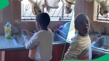 Brother brings little sister hidden dirty pots at end of her dishwashing chore in video