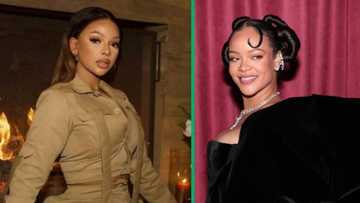 Mihlali Ndamase poses with Rihanna at Fenty Beauty event in USA, SA struck by influencer's face card