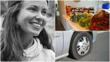 Lady visits man’s house after he helped her to fix car’s flat tyre, she gives him foodstuff as appreciation