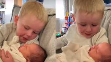 Little boy cries hard in video, carries baby sister for the first time, cuddles her with so much love and care