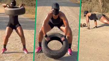 Woman does energetic workout throwing tyres in TikTok video, leaves SA joking that she's training for combat: "Is there a war coming?"