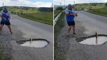 Video of SA man fishing from huge pothole on a road in Kokstad goes viral: "Minister of fish is loading"