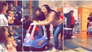 Cute video shows baby's reaction after she got a new car, the kid covered her mouth to contain the shock