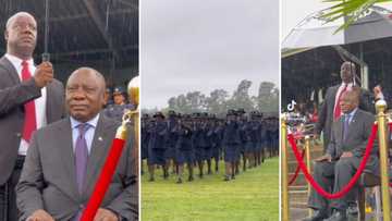 Cyril Ramaphosa officiates SAPS trainees passing out parade in the rain, SA reacts: "This is beautiful"