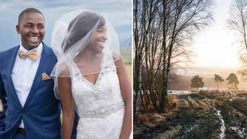 Talented photographer captures groom accidentally dropping bride in puddle of mud in gorgeous wedding dress
