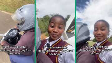 Mzansi schoolgirl hitches ride on pizza delivery guy's scooter in TikTok video, SA has jokes