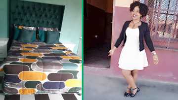 Young lady with beautiful green interiors in bedroom inspires many people