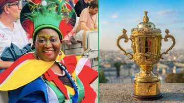 Mama Joy poses with the Webb Ellis Cup in viral picture, Mzansi reacts: "You deserve to hold it"