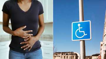 Photo of woman using public trash as toilet next to disabled parking sign, SA defends her, "She’s doing exactly what’s on that sign"