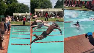 Mzansi shares hilarious reaction to boy’s awkward swimming attempt at gala: “Take off was very poor malume”