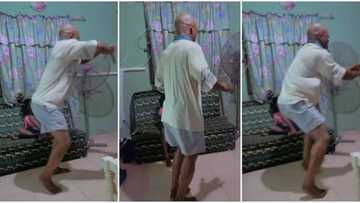 Girl runs away as dad in grey shorts scatters house with very nice acrobatic dance, stunning video goes viral