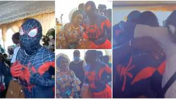 Man steals show at mum’s house warming as he arrives in Spiderman costume with lady’s bag in video