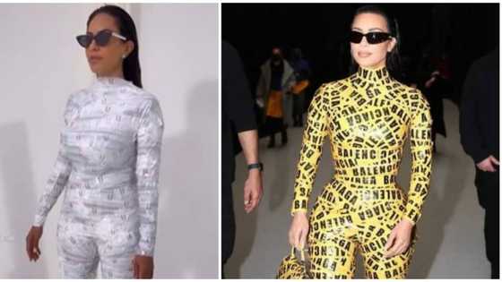 Mzansi reacts as lady recreates Kim Kardashian's viral yellow tape catsuit in new video