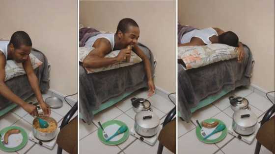 Young man enjoying life at res as he cooks while sleeping has Mzansi peeps amused: “Soft life”