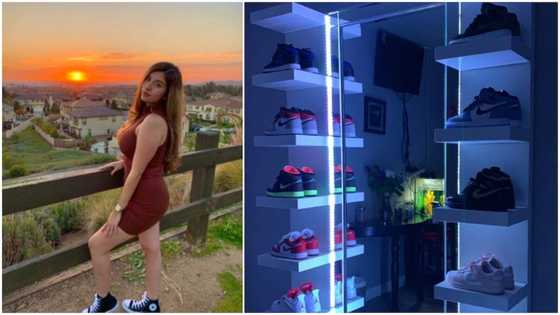 Pretty lady shows off her beautiful collection of sneakers, she has many Air jordans