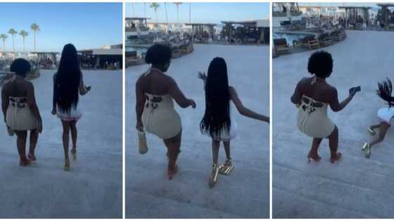 Lady rocking extra high heels trips and falls in trending video, internet users amused