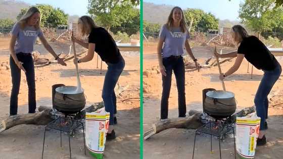 2 White women cook pap in 3 legged pot over open fire, TikTok of Khelobedu speaker impresses SA