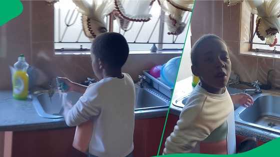 Brother brings little sister hidden dirty pots at end of her dishwashing chore in video