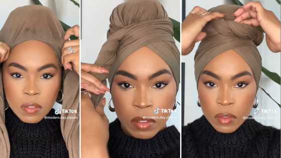 Beautiful lady makes quick, stylish headscarf tutorial, peeps admire her look