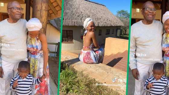 Young lady posts TikTok video with Jacob Zuma and little boy, Mzansi has many questions about who she is
