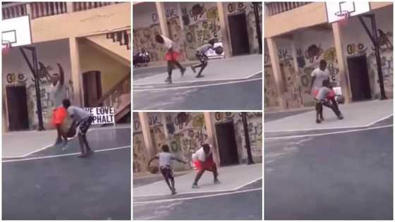 Kid wins ball from man during a basketball game, Hilariously dribbles past him