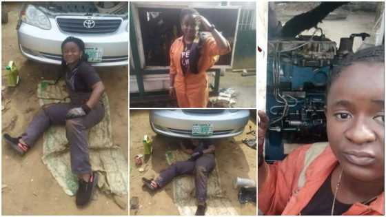 Lady shuns pride, lies on bare floor as she works as mechanic, her photos go viral