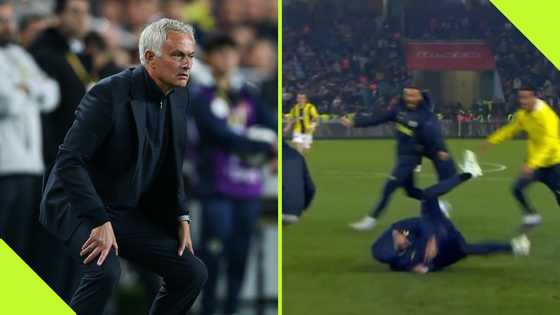 Mourinho tries knee slide on pitch after Fenerbahce goal and gets it horribly wrong