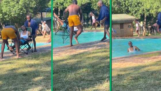 Man holds onto chair for dear life as friends throw him in swimming pool in hilarious TikTok video