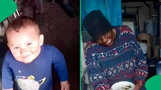 Gogo and toddler eat pap and spinach together, Mzansi loves the moment: "He eats where his heart is"