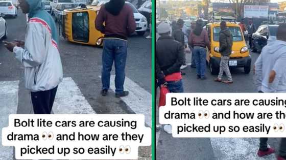 Bajaj cab flips in Randburg, TikTokkers roast the tiny vehicle: "It was blown by the wind"