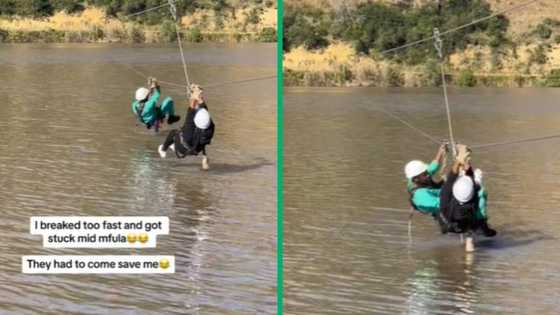 Mzansi woman gets stuck hovering over water while ziplining, people laugh at unfortunate situation