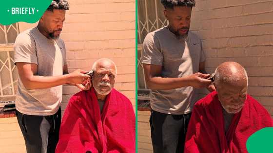 Atandwa Kani gives his father, John Kani, a haircut: "You've done everything for me."