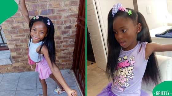 Little girl amazed family with waist-length hair during hair wash day at home