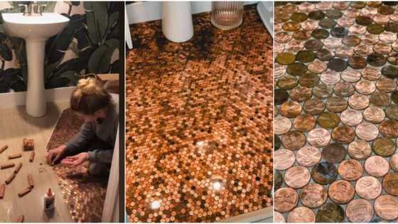Woman spends 16 hours painstakingly gluing R1k worth of coins to her bathroom floor, shares cute video