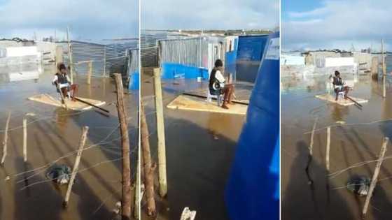 Only in Mzansi: Man 'paddbleboards' in flooded informal settlement